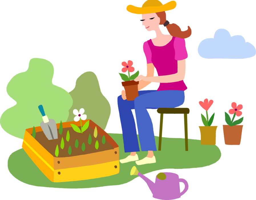 Vector Illustration of Gardener Plants Spring Flowers with Trowel and Watering Can in Backyard Garden