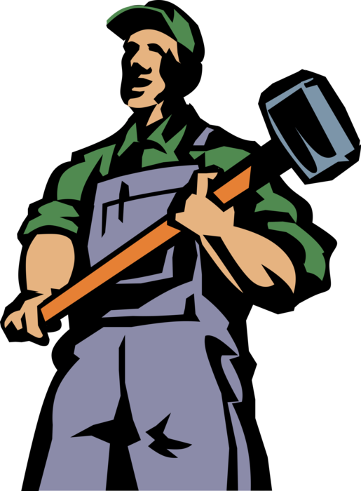 Vector Illustration of Construction Worker Holds Sledgehammer on Job Site