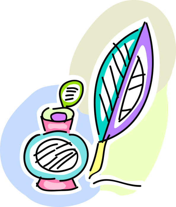 Vector Illustration of Ink Bottle with Feather Quill Pen Writing Instrument