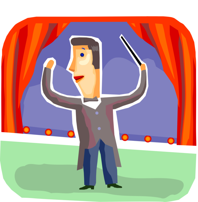 Vector Illustration of Symphony Orchestra Conductor with Baton Conducts Musical Performance on Stage