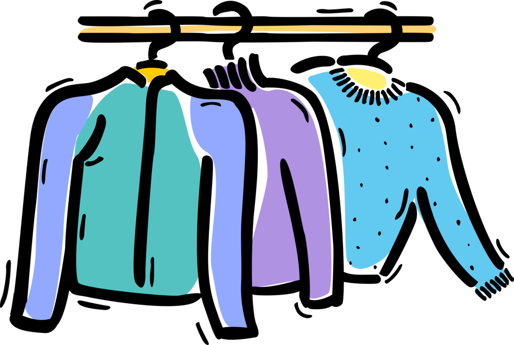 Vector Illustration of Fashion Apparel Garment Sweater Clothing on Hangers in Clothes Closet