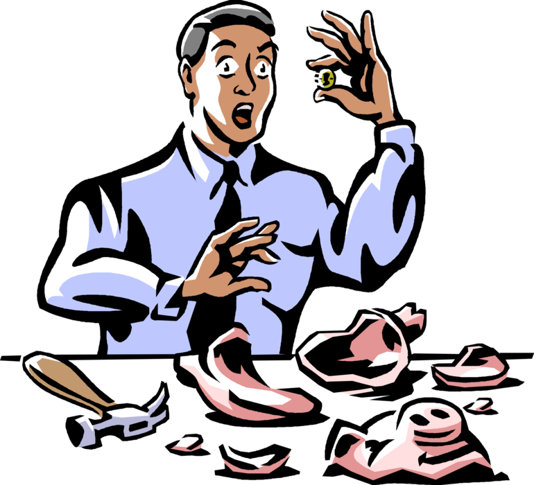 Vector Illustration of Businessman Finds One Coin After Smashing Piggy Bank with Hammer