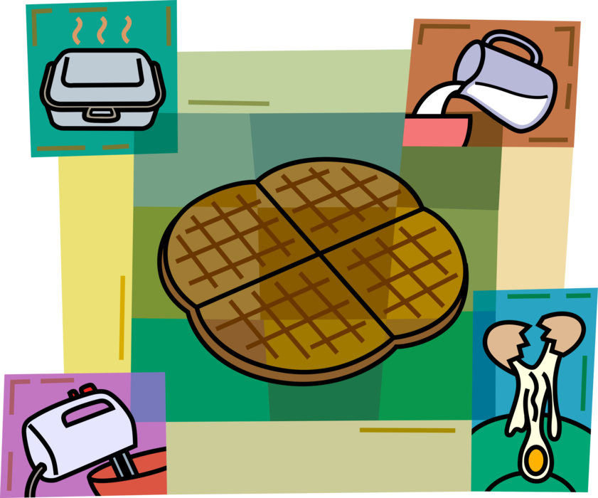 Vector Illustration of Waffles with Ingredients Eggs, Dairy Milk, Blender Mixer, and Small Kitchen Appliance Waffle Iron