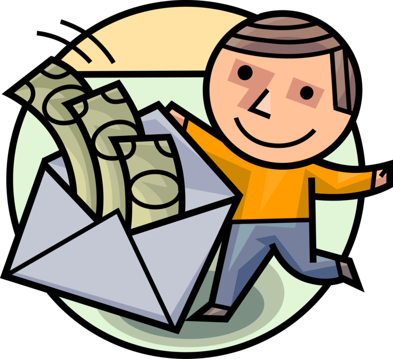 Vector Illustration of Lucky Man Receives Windfall Envelope Full of Cash Money Dollars