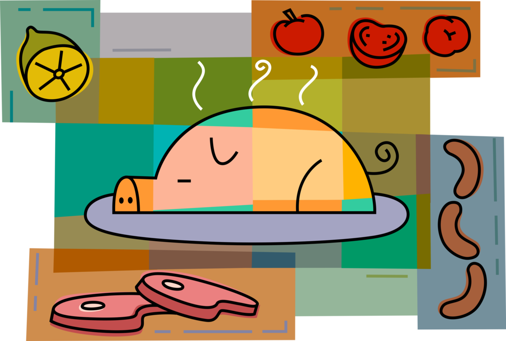 Vector Illustration of Roast Pork Pig on Serving Platter with Tomatoes, Sausage Links, Ham, and Citrus Lemon