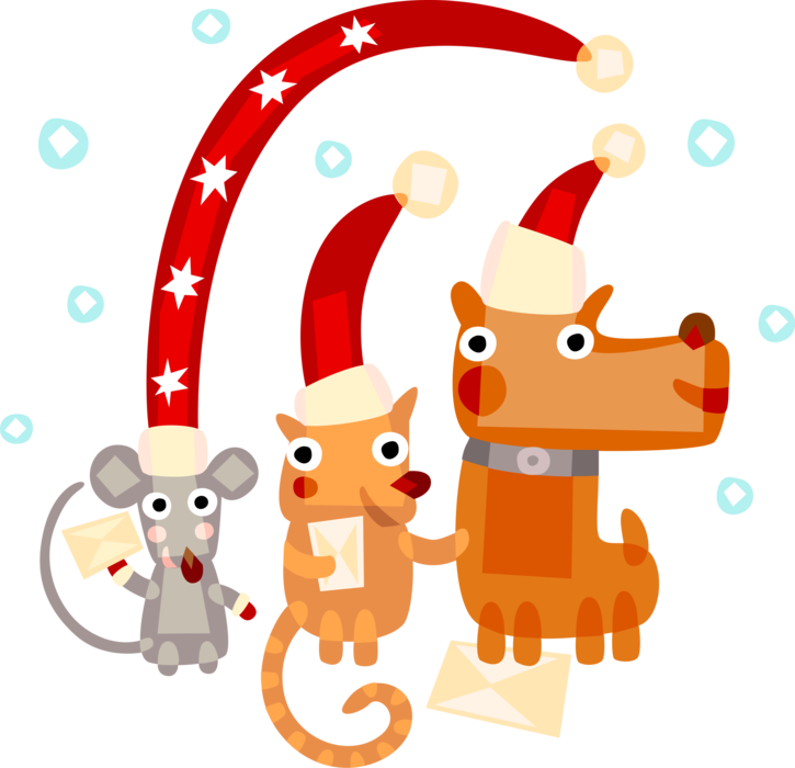 Vector Illustration of Cat, Dog, and Mouse Animals Celebrate Christmas with Santa Claus Hats