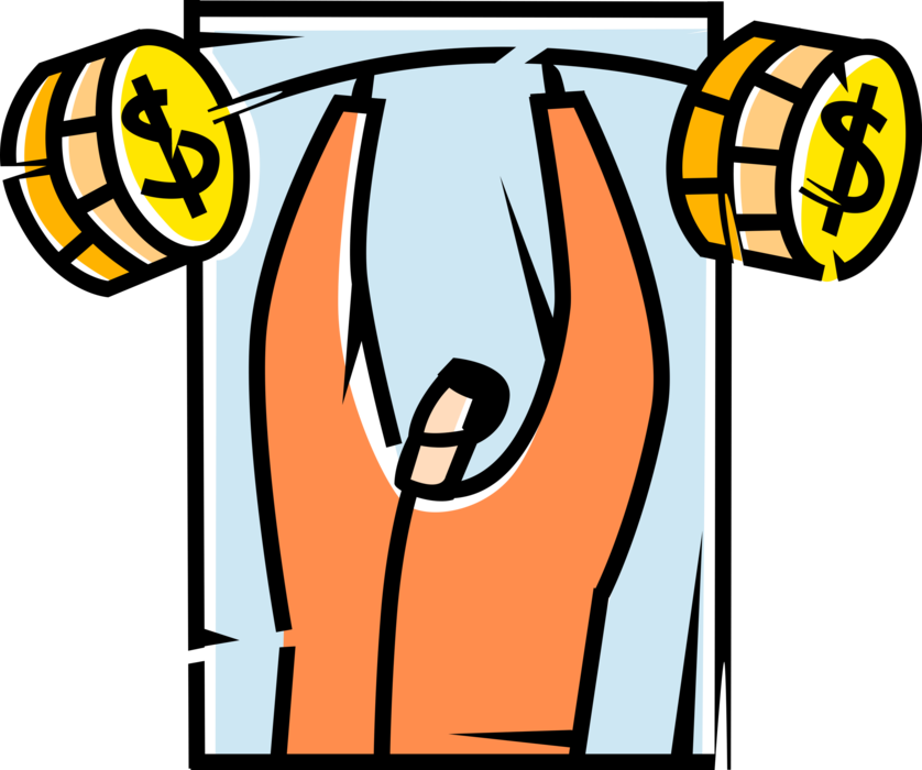 Vector Illustration of Businessman Weightlifter Lifts Financial Barbell Weights in Show of Strength
