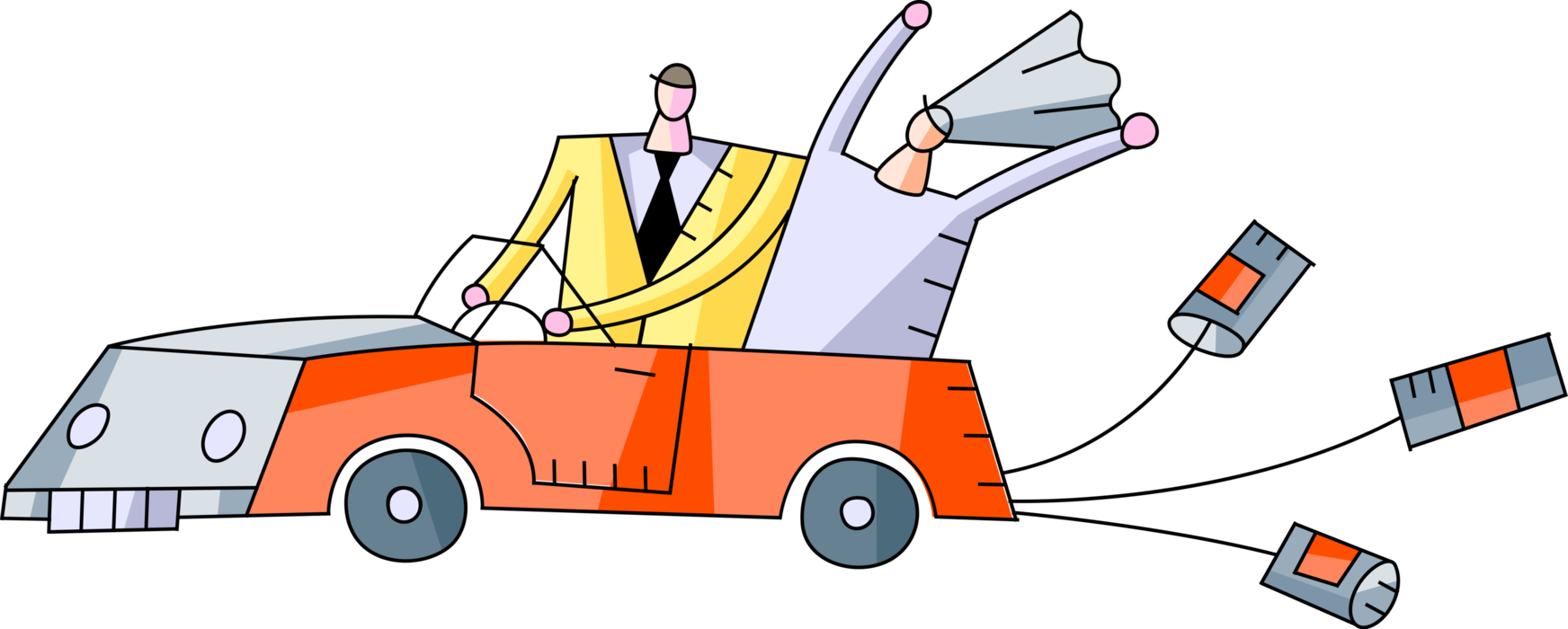 Vector Illustration of Honeymoon Couple Just Married Drive Away from Wedding Ceremony in Car Dragging Tin Cans