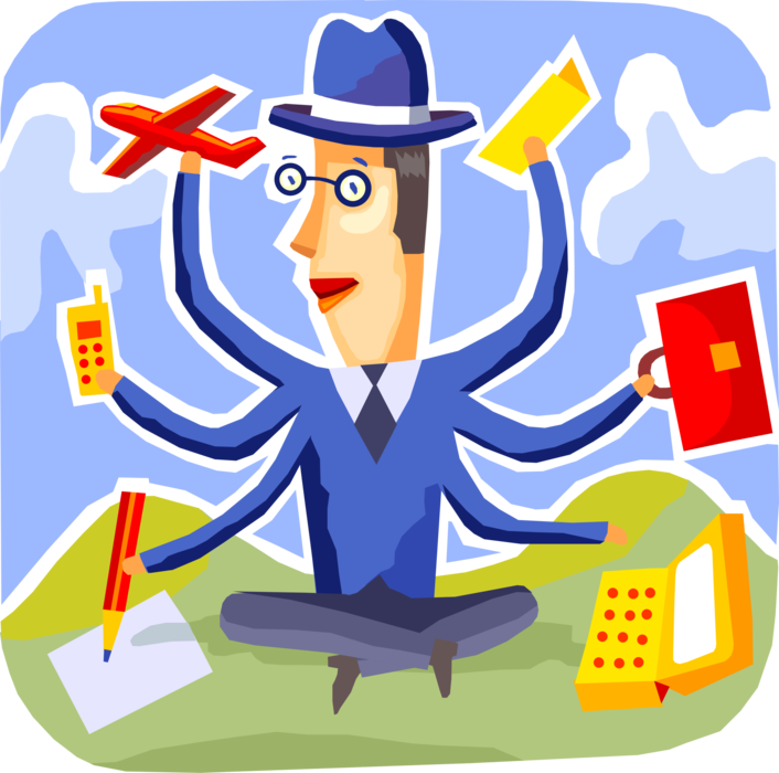 Vector Illustration of Multitasking Businessman Traveler Juggles Business Travel and Work Schedule