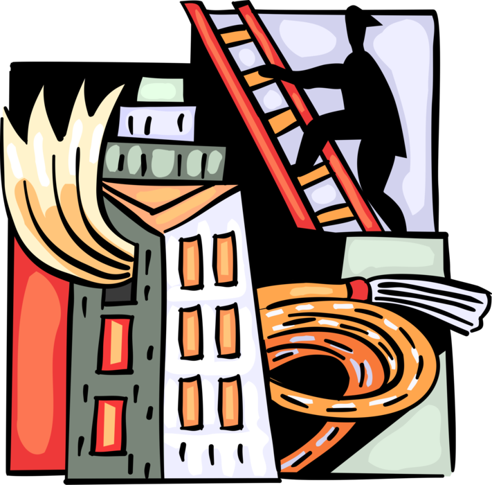 Vector Illustration of Firefighter Fireman Climbs Ladder with Hose to Fight Raging Inferno Fire in Office Building