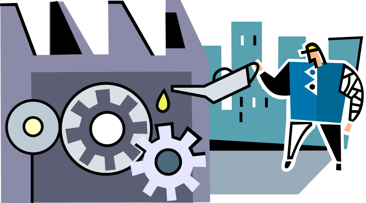 Vector Illustration of Oiling Cogwheel Gear Mechanism of Production in Industrial Manufacturing Factory