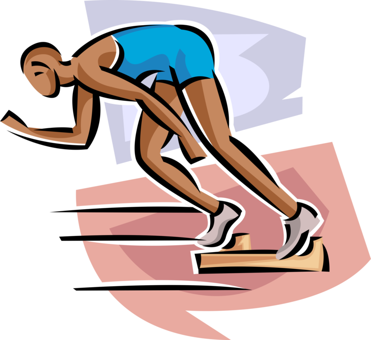 Vector Illustration of Track and Field Athletic Sport Contest Sprinter Coming Out of Blocks During Running Race