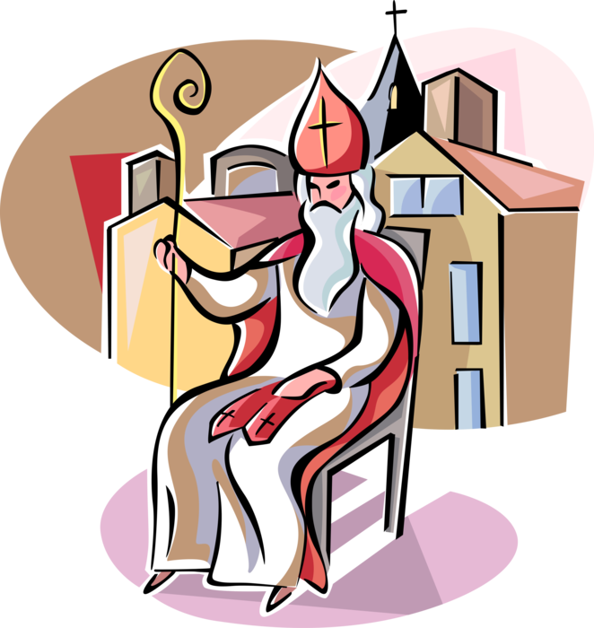 Vector Illustration of St. Nicholas Day Bishop in Cloak and Red Mitre Holding Staff, Slovenia