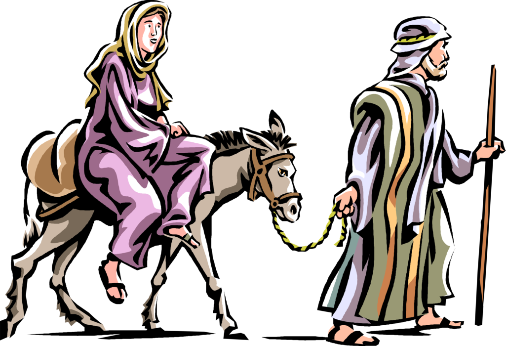 Vector Illustration of Mary and Joseph with Donkey Travel to Bethlehem on Christmas
