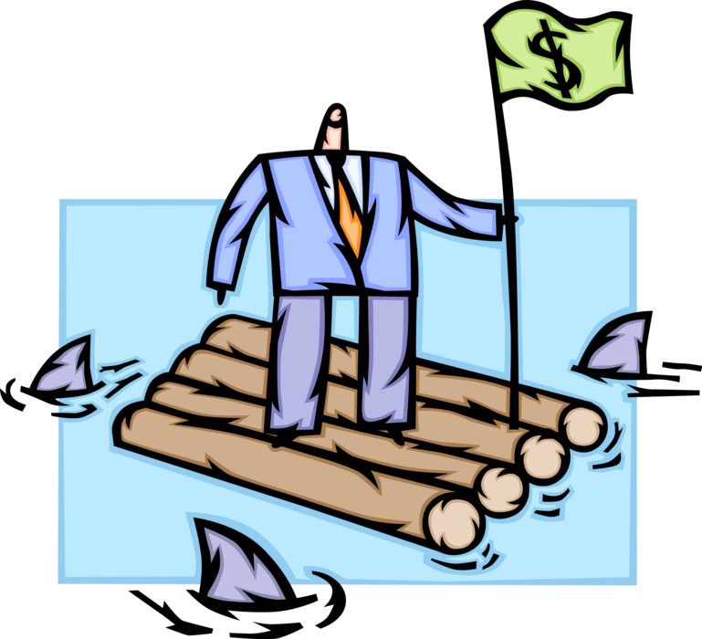 Vector Illustration of Businessman at Risk on Floating Raft with Money Flag and Marine Predator Circling Sharks
