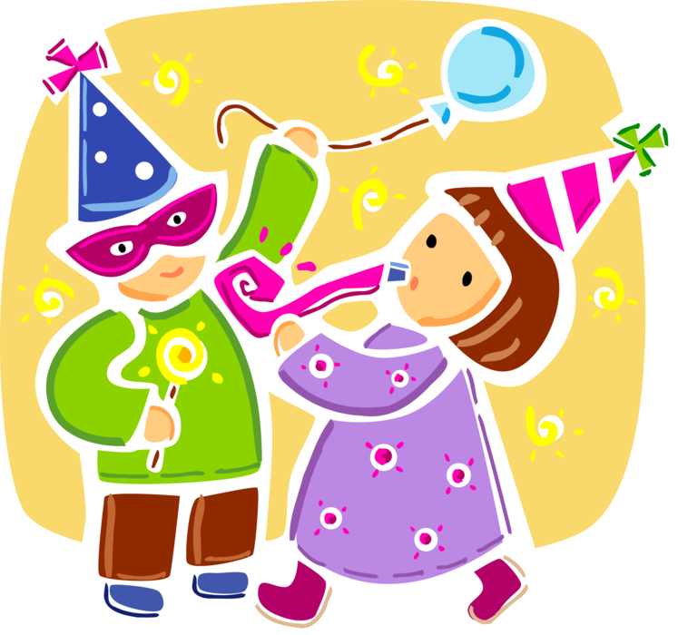 Vector Illustration of Children Celebrate Birthday Party with Balloons and Noisemaker Whistle