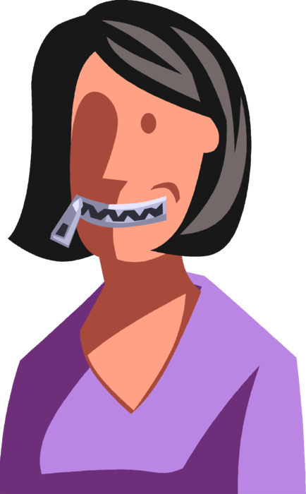 Vector Illustration of Businesswoman Maintains Secrecy and Remains Silent with Mouth Zipped or Zippered