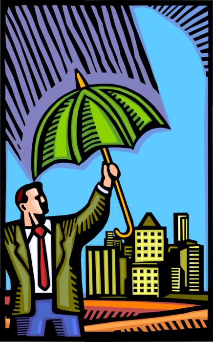 Vector Illustration of Smart Businessman Protected from Unforeseen Risks with Insurance Umbrella