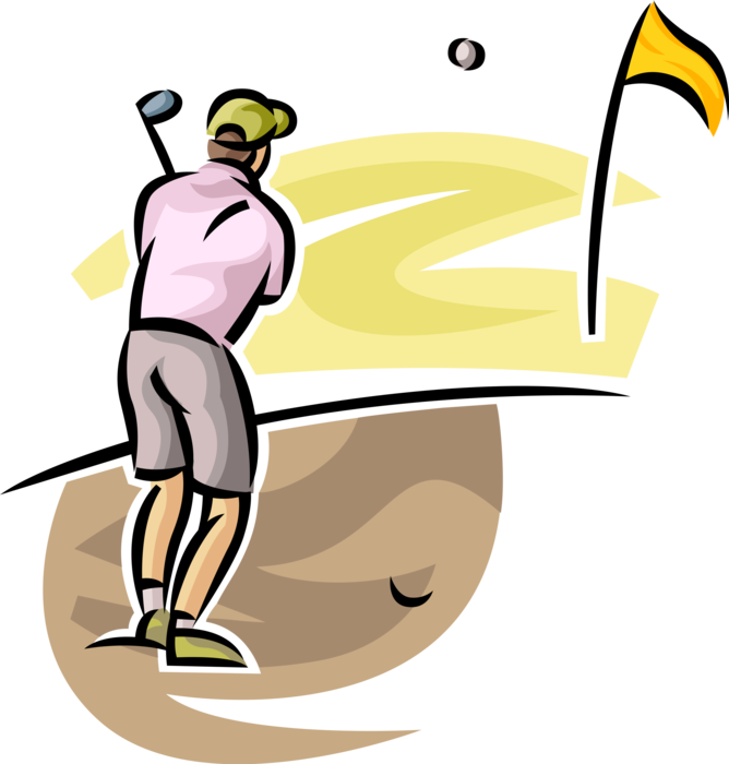 Vector Illustration of Sport of Golf Golfer Plays the Ball Out of Bunker Sand onto Golf Green