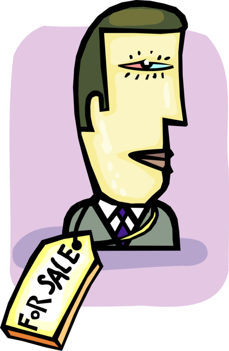 Vector Illustration of Redundant Businessman with For Sale Price Tag Around Neck