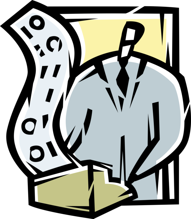 Vector Illustration of Businessman Financial Accountant Calculates Corporate Profits and Earnings Data