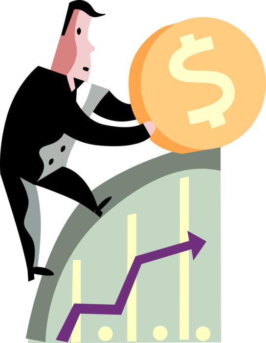 Vector Illustration of Businessman Struggles to Roll Financial Cash Money Coin Uphill to Recover Corporate Profitability