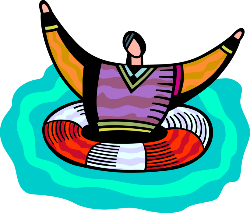 Vector Illustration of Drowning Businessman in Life Ring Preserver Personal Flotation Device is Saved
