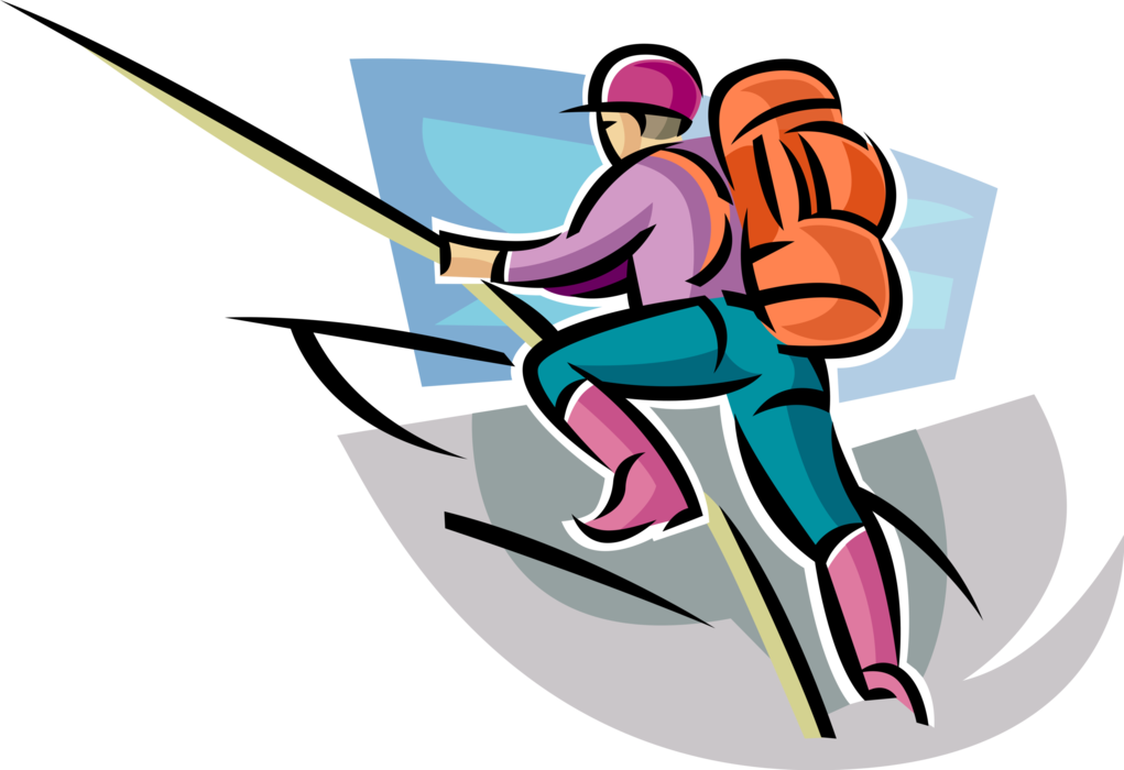 Vector Illustration of Mountain Climber Climbs Steep Rock Face with Climbing Rope