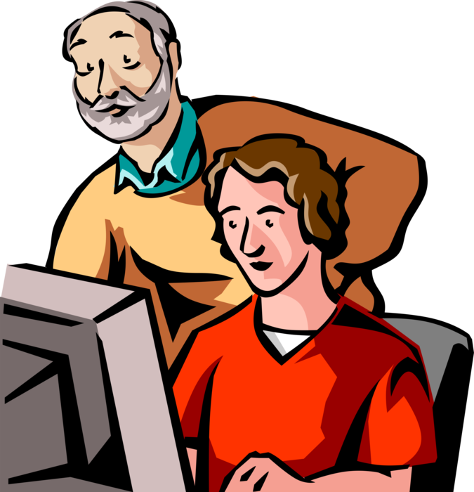 Vector Illustration of Retired Elderly Senior Citizen Receives Computer Tips from Adult Son