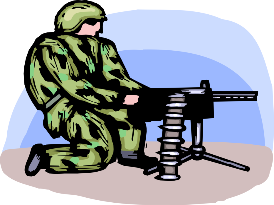 Vector Illustration of Heavily Armed United States Military Marine Soldier Fires Machine Gun in Combat Operations