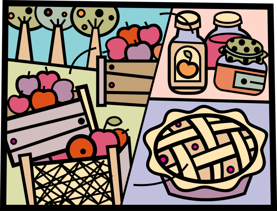 Vector Illustration of Apple Orchard Trees with Harvested Fruit, Homemade Jam and Jelly Preserves and Fresh Baked Pie
