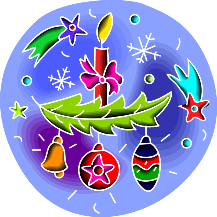 Vector Illustration of Festive Season Christmas Ornament Decorations with Candle, Evergreen Bough Branch, Shooting Stars