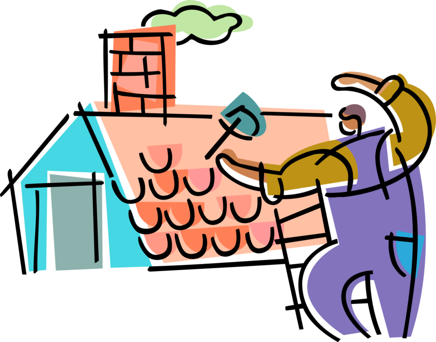 Vector Illustration of Construction Roofer on Ladder Replaces Roof Shingles with Hammer and Roofing Nails