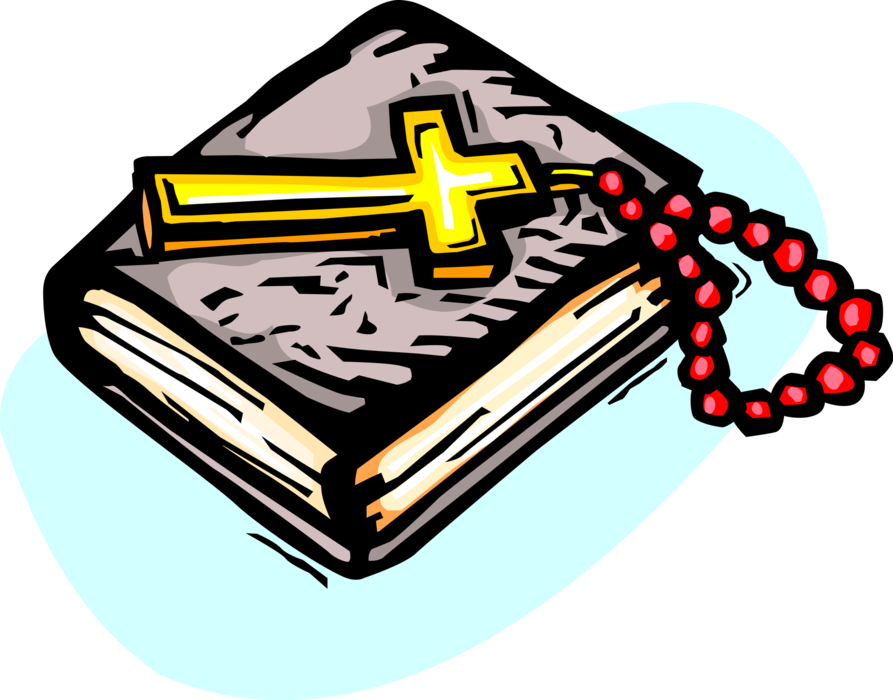 Vector Illustration of Christian Holy Bible Good Book with Crucifix Cross and Rosary Prayer Beads