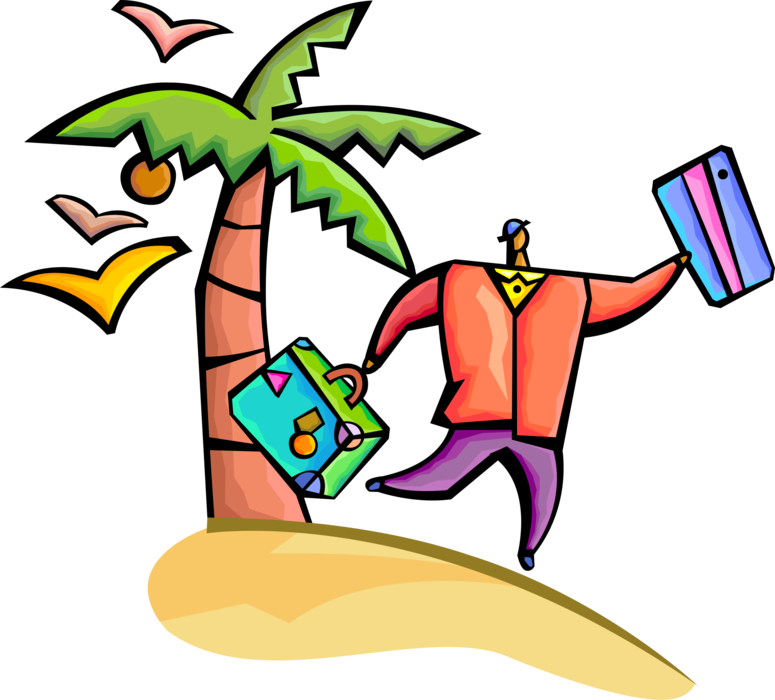 Vector Illustration of Businessman Enjoys Business Travel Perks to Tropical Island Resort Destination with Palm Tree