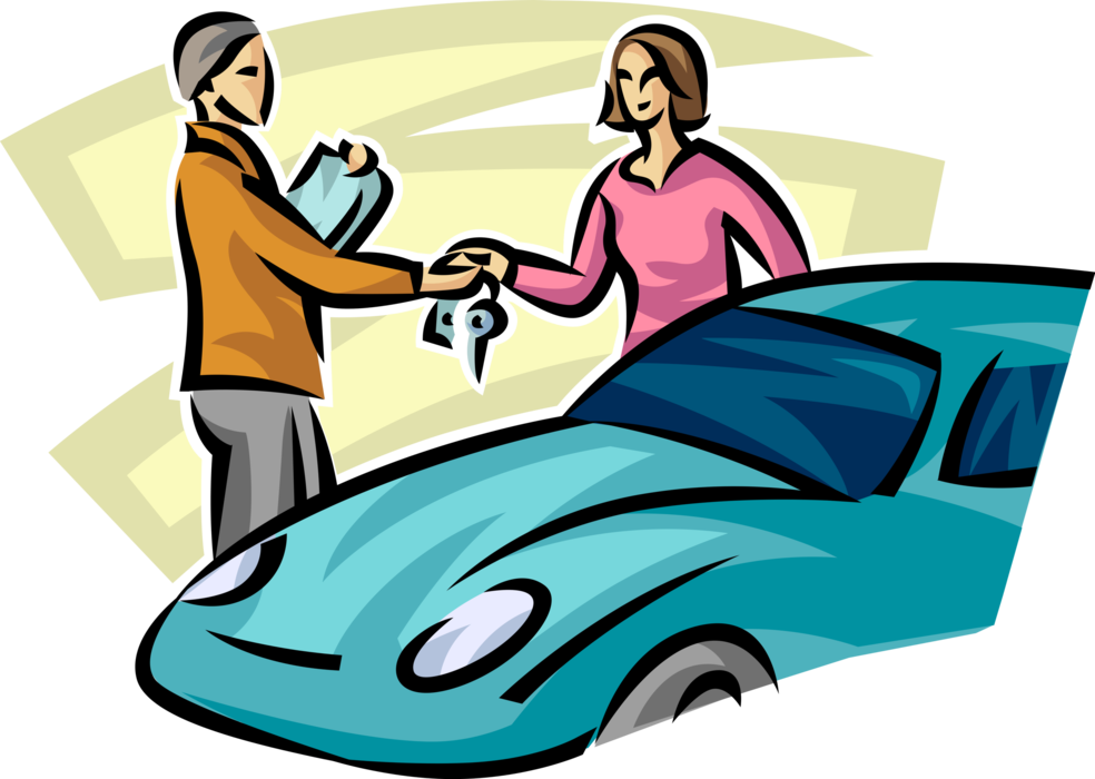 Vector Illustration of New Car Owner Receives Keys to New Motor Vehicle Automobile Purchase