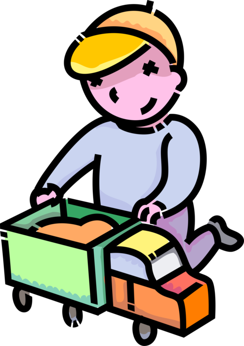 Vector Illustration of Primary or Elementary School Student Boy Plays with Toy Truck