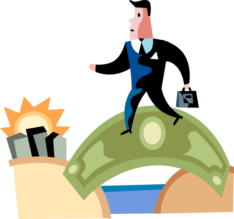 Vector Illustration of Businessman Traverses Financial Cash Money Dollar Bridge to Achieve Success