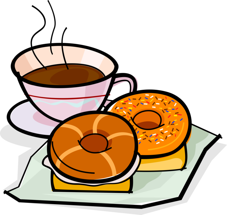 Vector Illustration of Cup of Coffee and Sweetened Fried Dough Donut or Doughnut Snacks