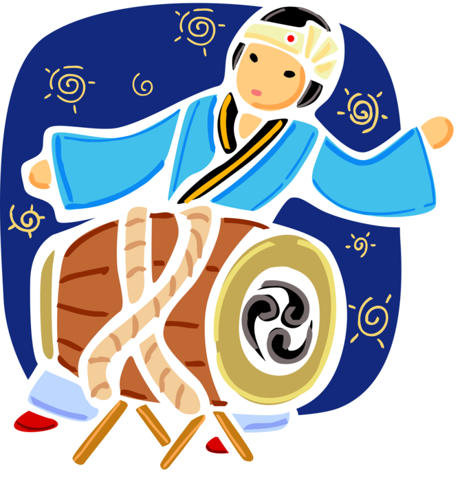 Vector Illustration of Korean Drummer in Traditional Dress Plays Percussion Drums at South Korea Festival
