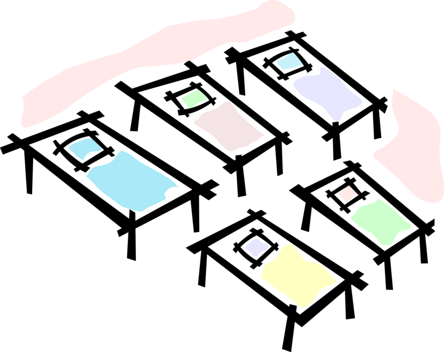 Vector Illustration of Camp Bed Cots or Beds in Homeless Shelter