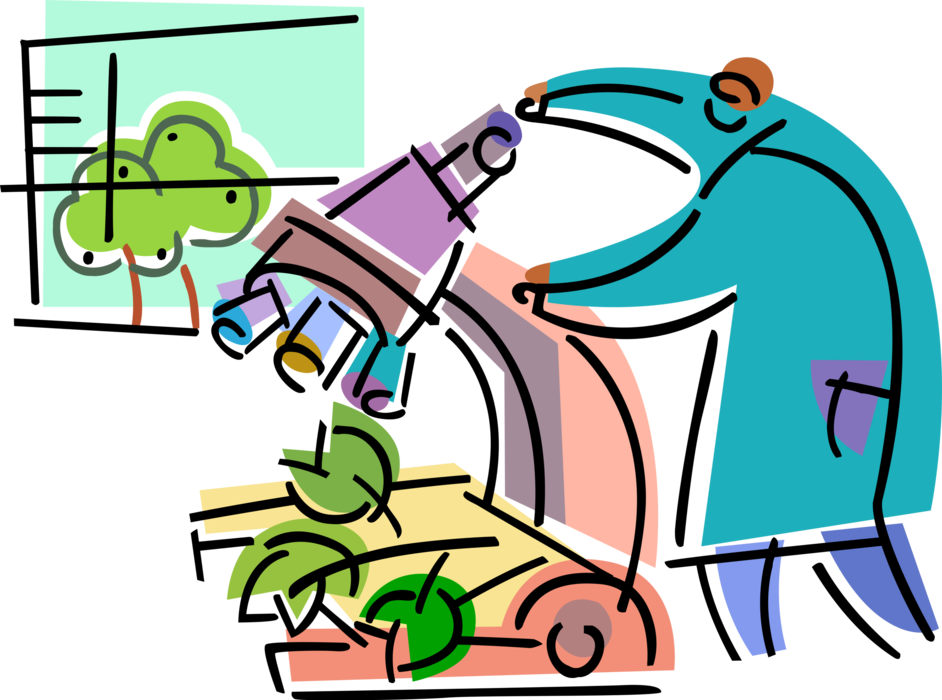 Vector Illustration of Biologist Scientist Performs Biology Test on Plant Leaves in Laboratory with Microscope