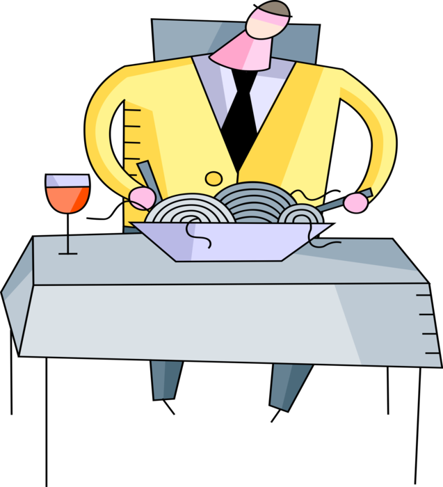 Vector Illustration of Businessman Eats Spaghetti Pasta Dinner with Glass of Wine in Restaurant