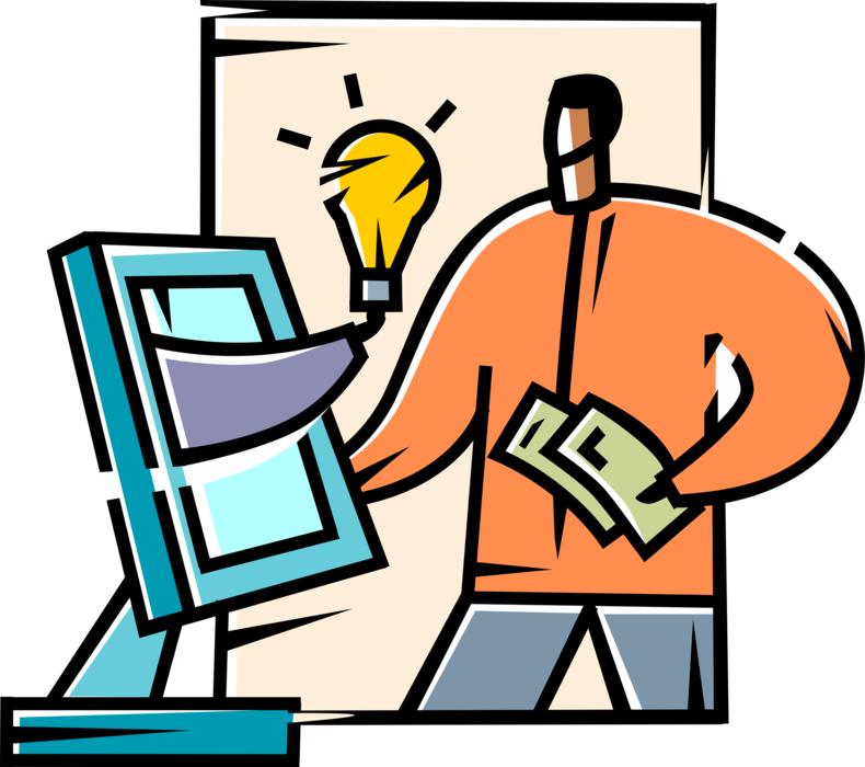 Vector Illustration of Businessman Pays Cash Money Dollars for Electric Light Bulb Symbol of Invention, Innovation, and Good Ideas