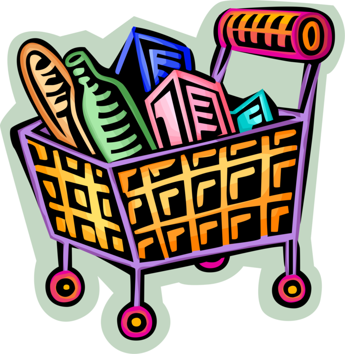 Vector Illustration of Supermarket Grocery Shopping Cart Filled with Food