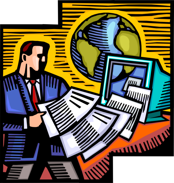 Vector Illustration of Businessman Completes Global Marketing Business Report Documents with Planet Earth World