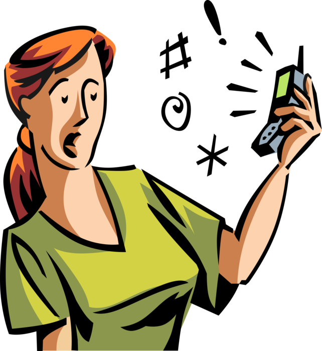 Vector Illustration of Woman Listens to Disgruntled Customer Abuse and Swearing on Mobile Cell Telephone Phone