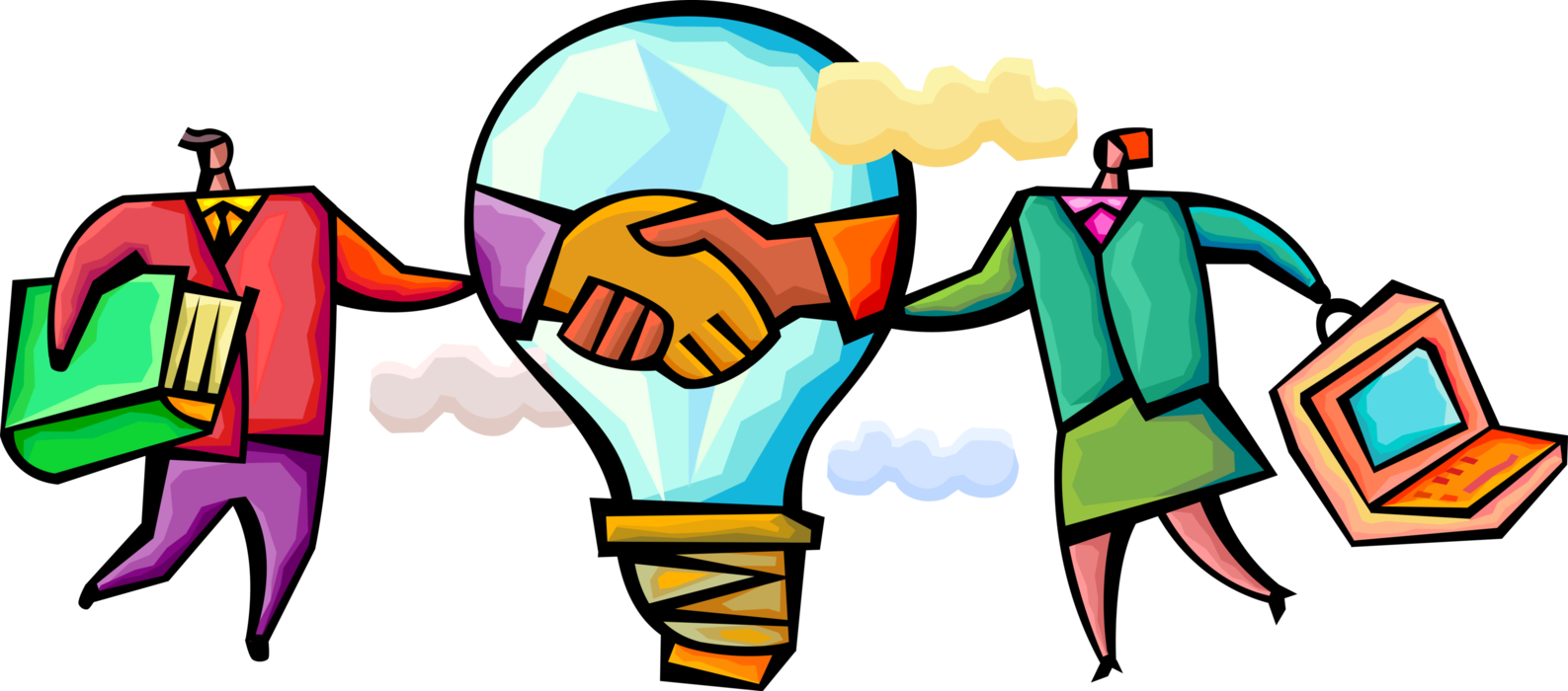 Vector Illustration of Business Colleagues Reach Agreement with Electric Light Bulb Symbol of Invention, Innovation, and Good Ideas