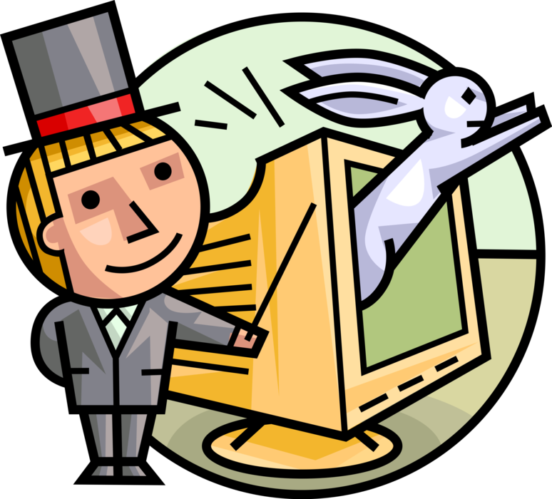 Vector Illustration of Magician with Magic Wand Makes Small Rabbit Appear from Computer Monitor 