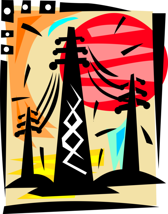 Vector Illustration of Transmission Tower Carries Electrical Power Lines to Distribute Electricity